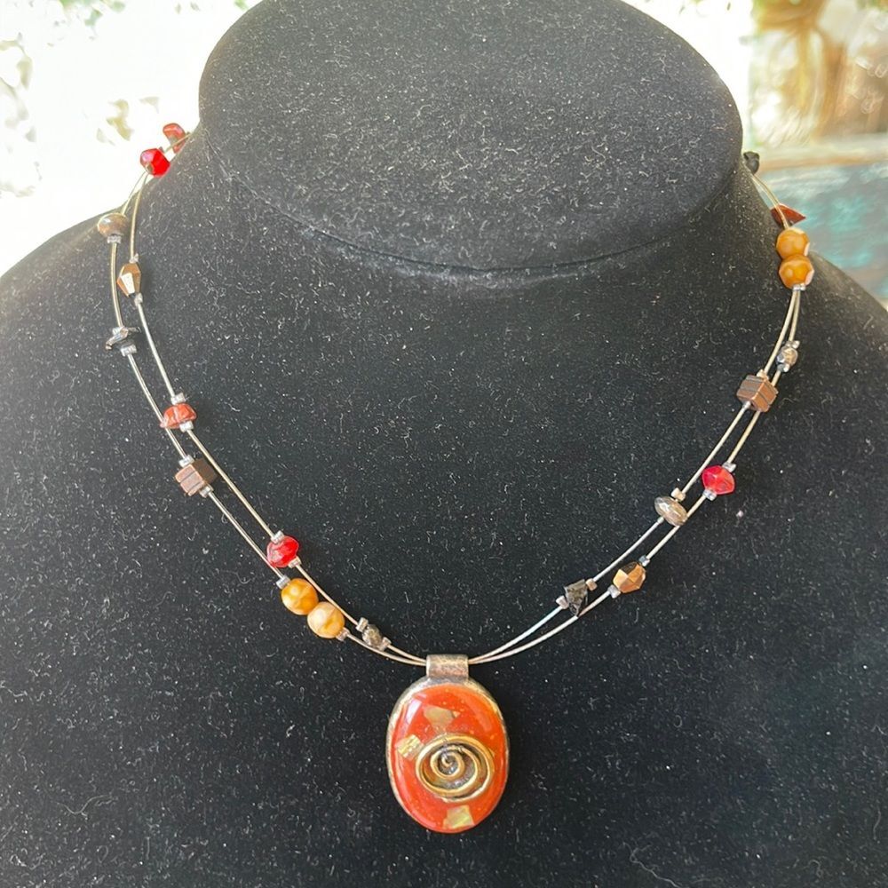 Chico’s Necklace Burnt Orange MOP Inlay Epoxy Floating Stone Chips